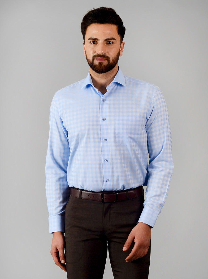 Sky Blue Checked Regular Fit Formal Shirt | JadeBlue