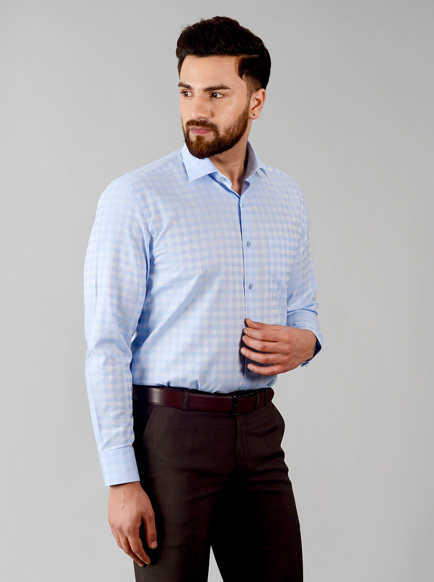 Sky Blue Checked Regular Fit Formal Shirt | JadeBlue