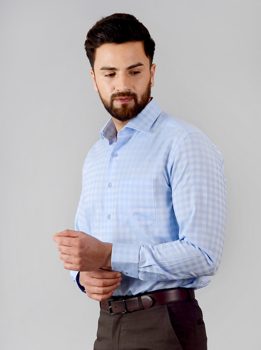 Sky Blue Checked Regular Fit Formal Shirt | JadeBlue