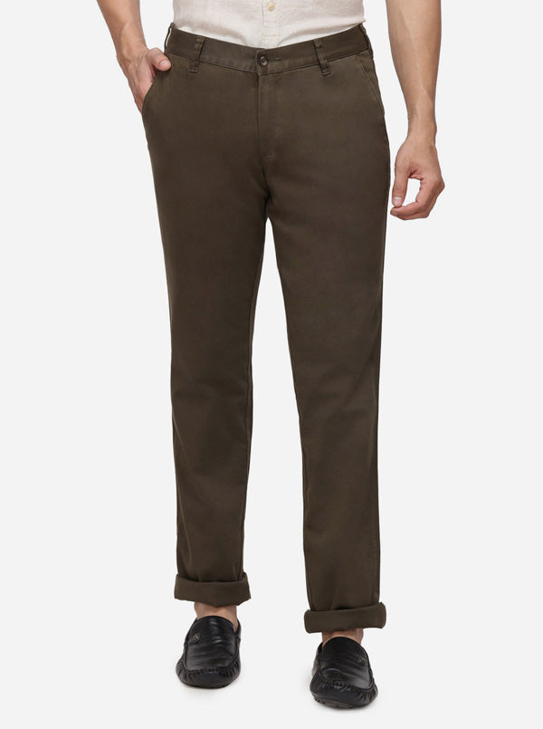 Olive Solid Slim Fit Casual Trouser | Greenfibre