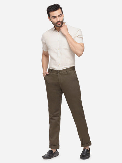 Olive Solid Slim Fit Casual Trouser | Greenfibre