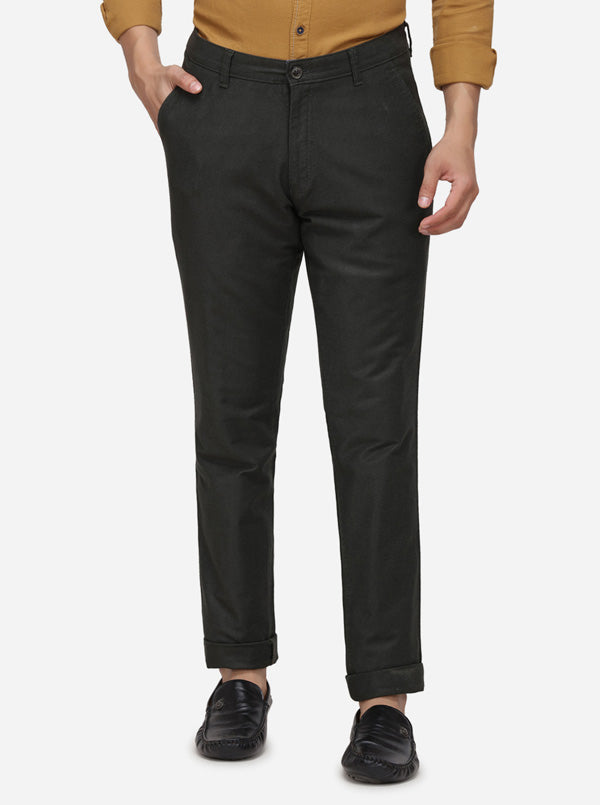 Dark Green Solid Slim Fit Casual Trouser | JadeBlue