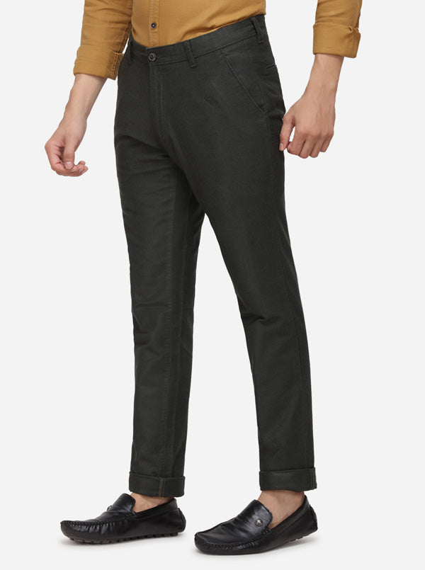 Dark Green Solid Slim Fit Casual Trouser | JadeBlue