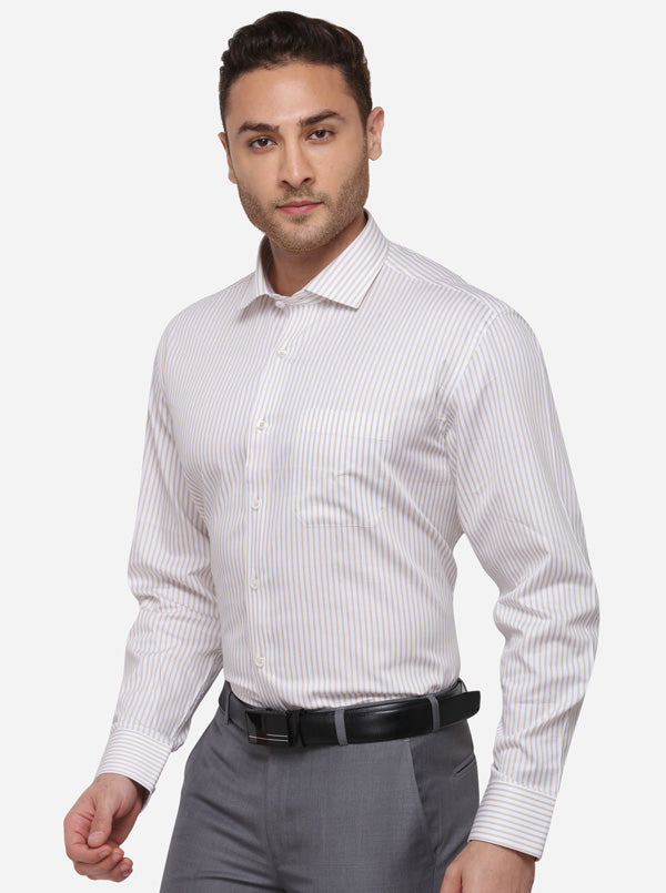 White & Beige Striped Regular Fit Formal Shirt | JadeBlue