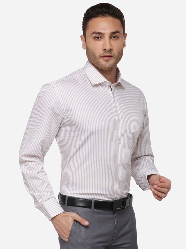 White & Beige Striped Regular Fit Formal Shirt | JadeBlue