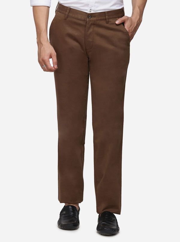 Brown Solid Slim Fit Casual Trouser | Greenfibre