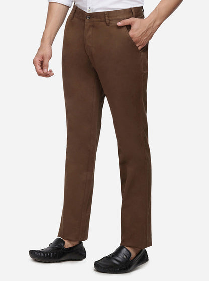Brown Solid Slim Fit Casual Trouser | Greenfibre
