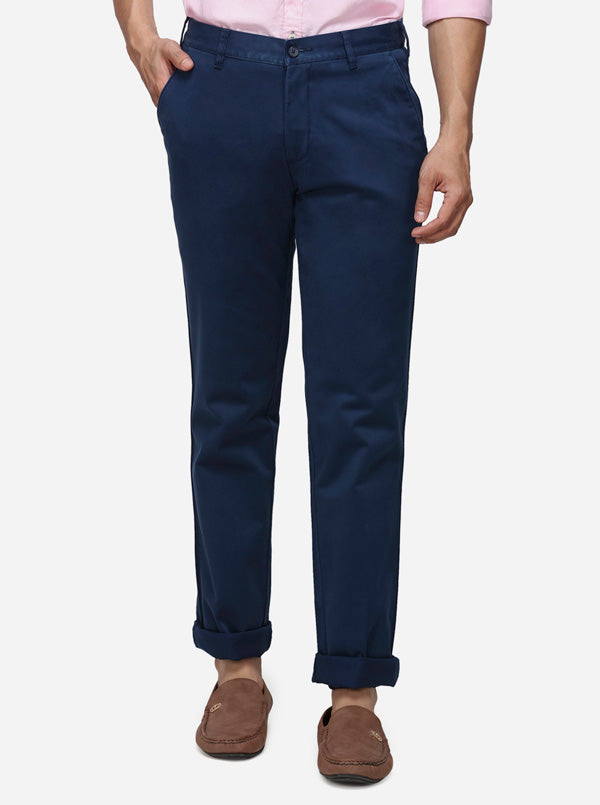 Navy Blue Solid Slim Fit Casual Trouser | Greenfibre