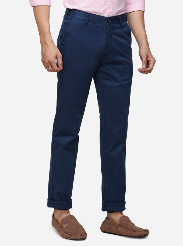 Navy Blue Solid Slim Fit Casual Trouser | Greenfibre