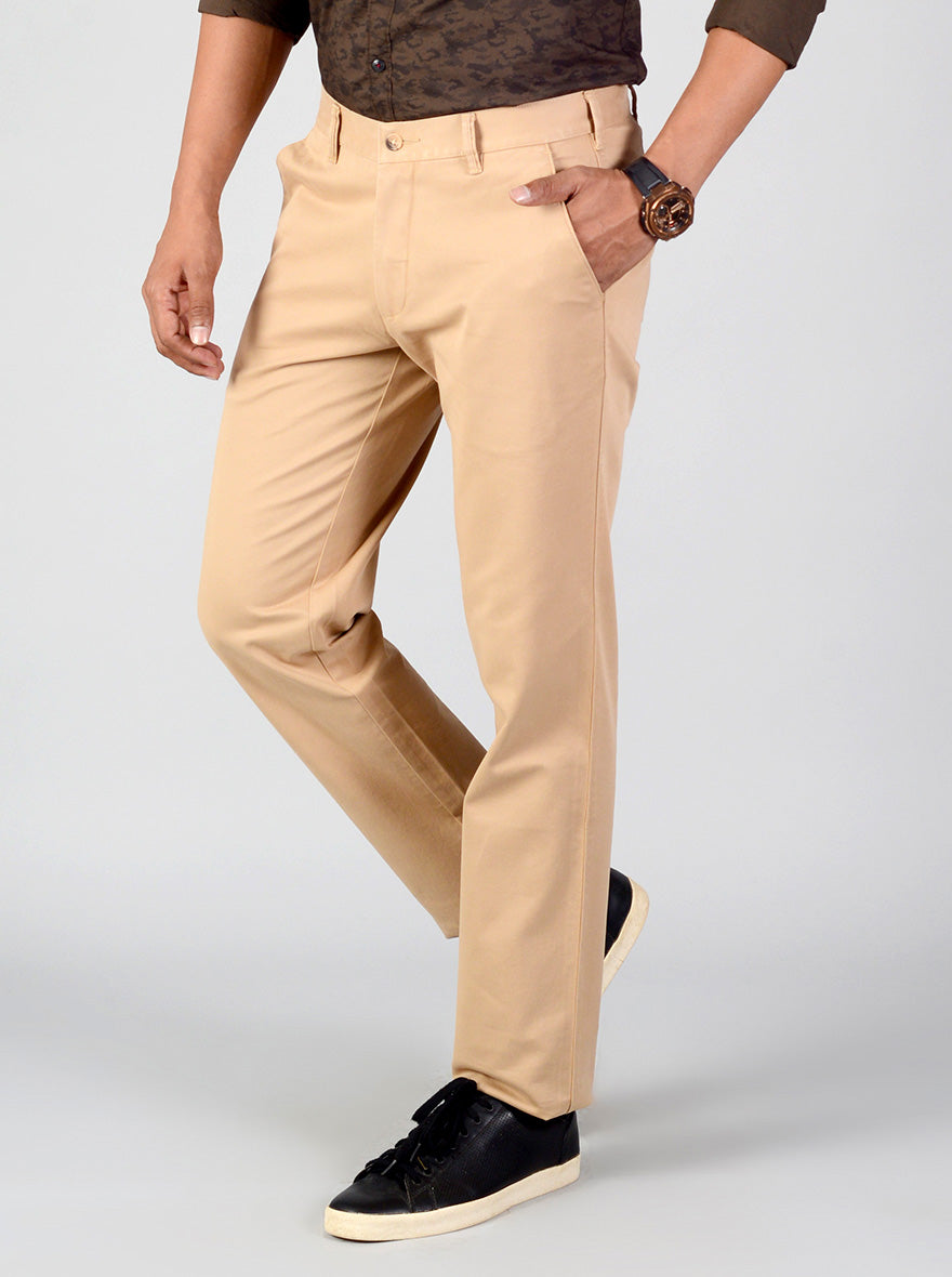 Light Khakhi Self Textured Slim Fit Casual Trouser | Greenfibre