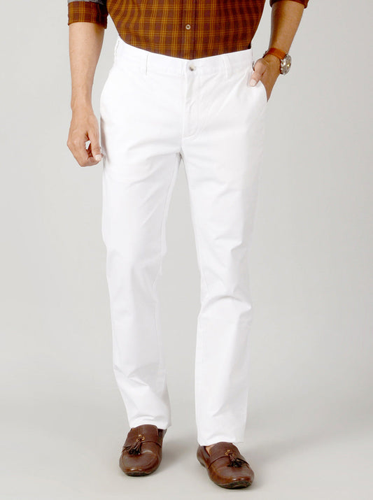 White Self Textured Slim Fit Casual Trouser | Greenfibre