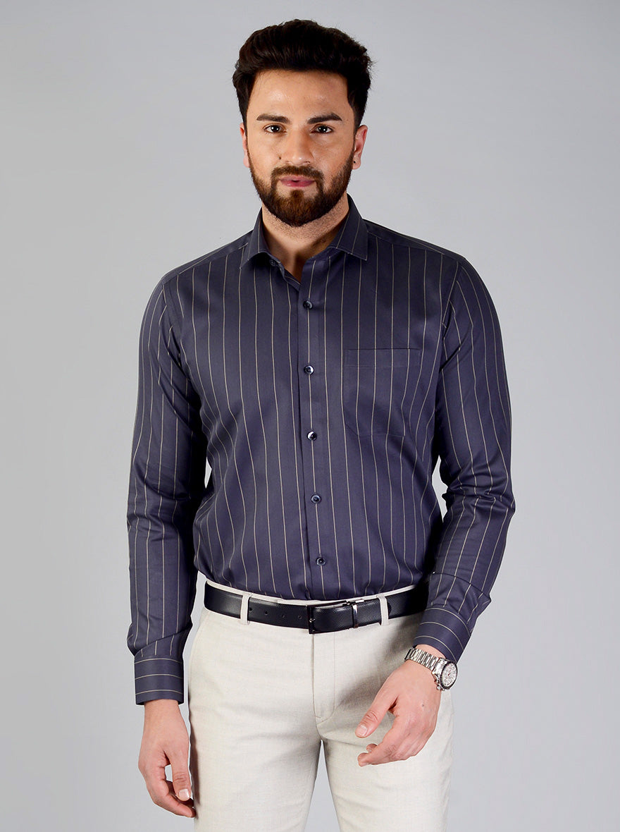 Dark Grey Striped Slim Fit Evening Wear Shirt | Metal