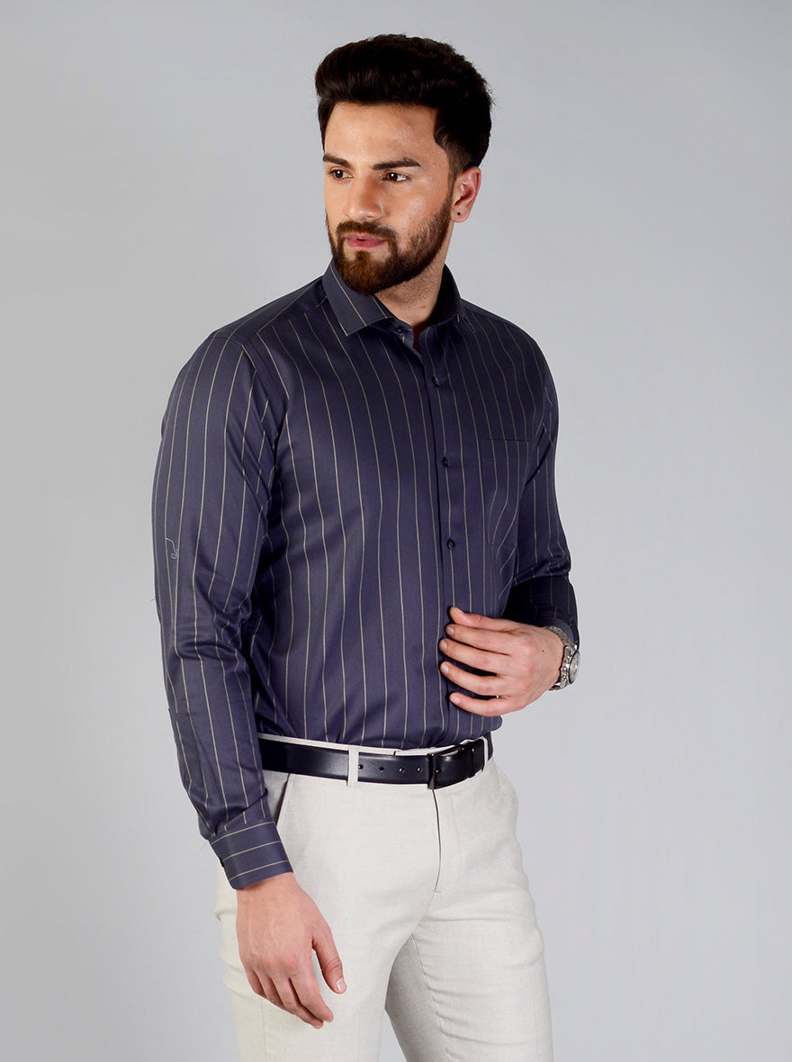 Dark Grey Striped Slim Fit Evening Wear Shirt | Metal