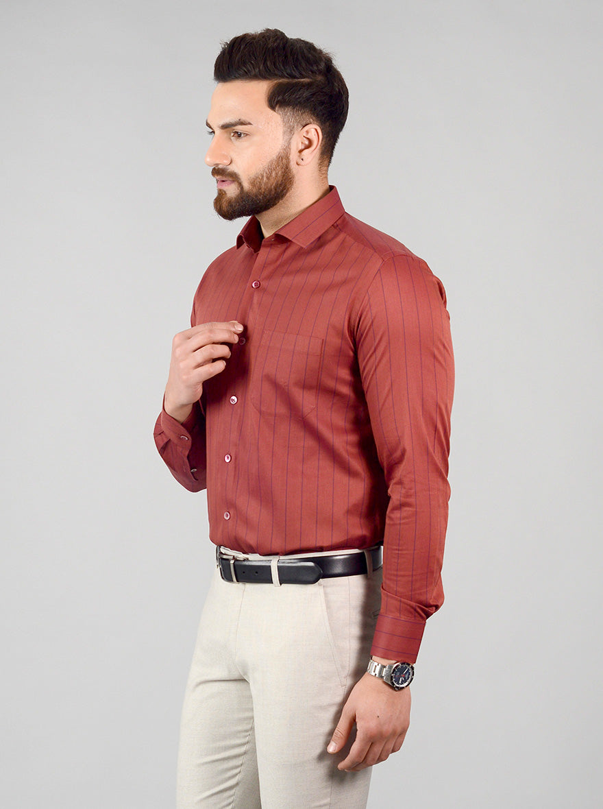 Rust Striped Slim Fit Evening Wear Shirt | Metal