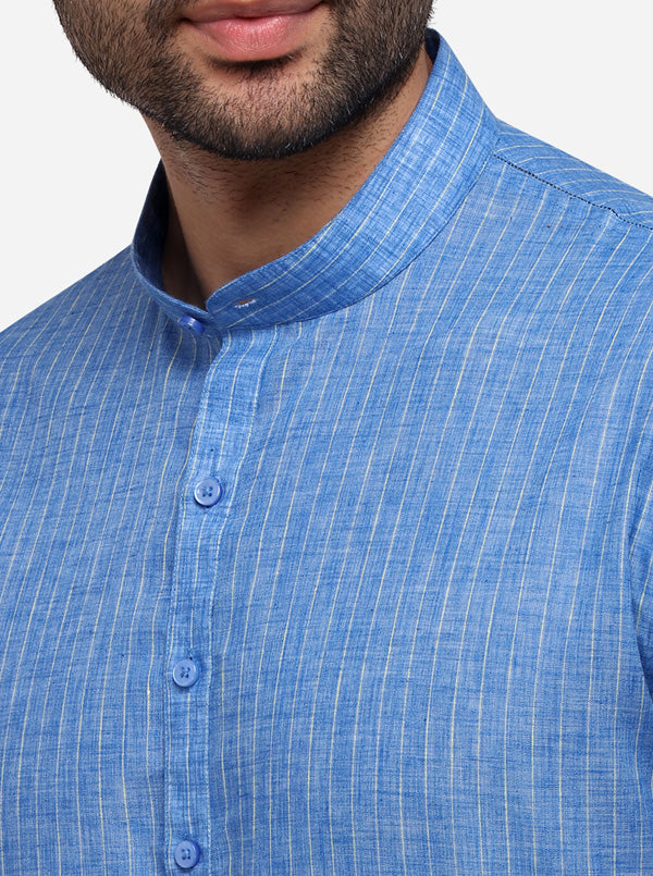 Cobalt Blue Striped Regular Fit Modi Kurta | JadeBlue