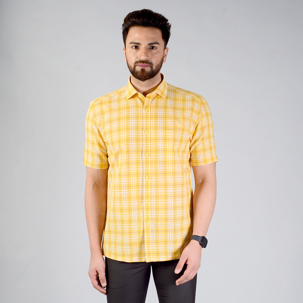 Yellow Checked Regular Fit Formal Shirt | JadeBlue