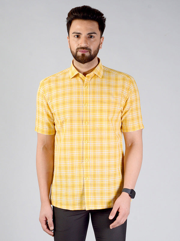 Yellow Checked Regular Fit Formal Shirt | JadeBlue