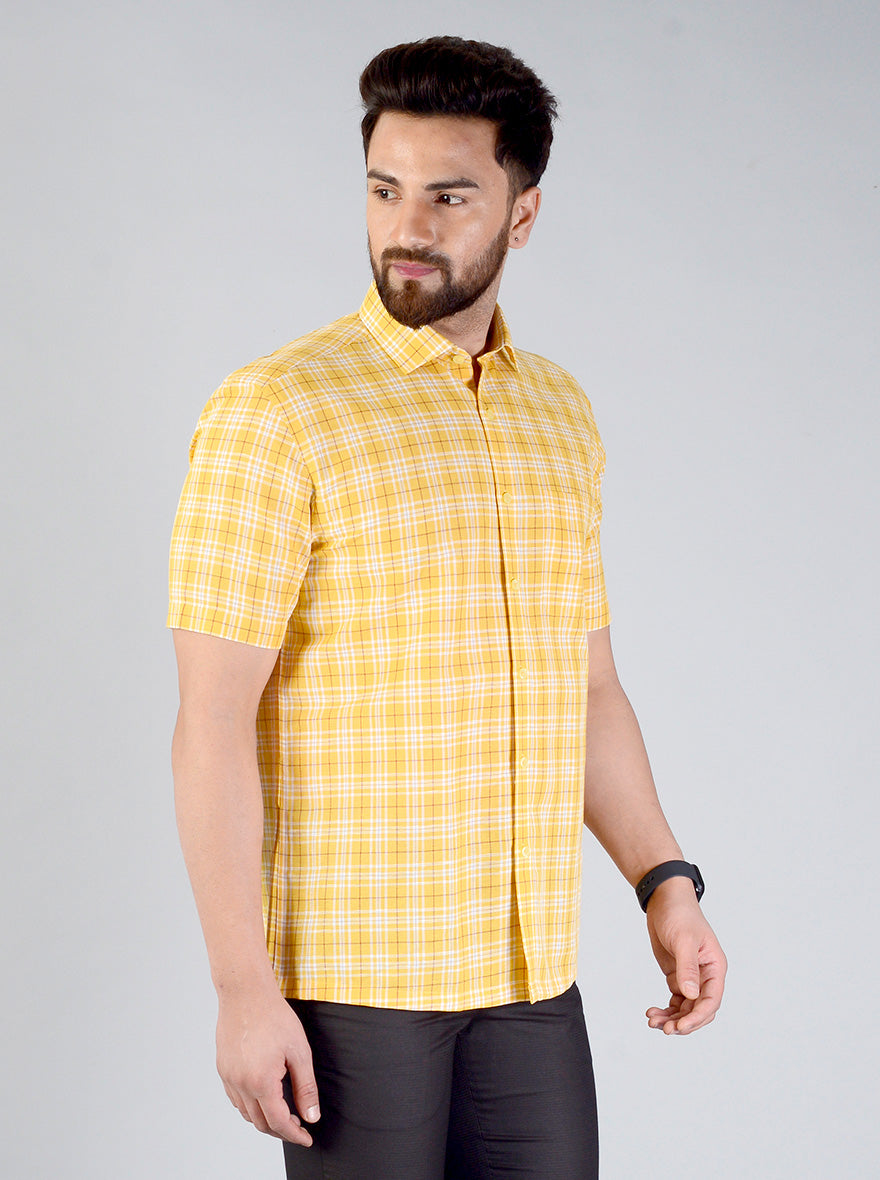 Yellow Checked Regular Fit Formal Shirt | JadeBlue