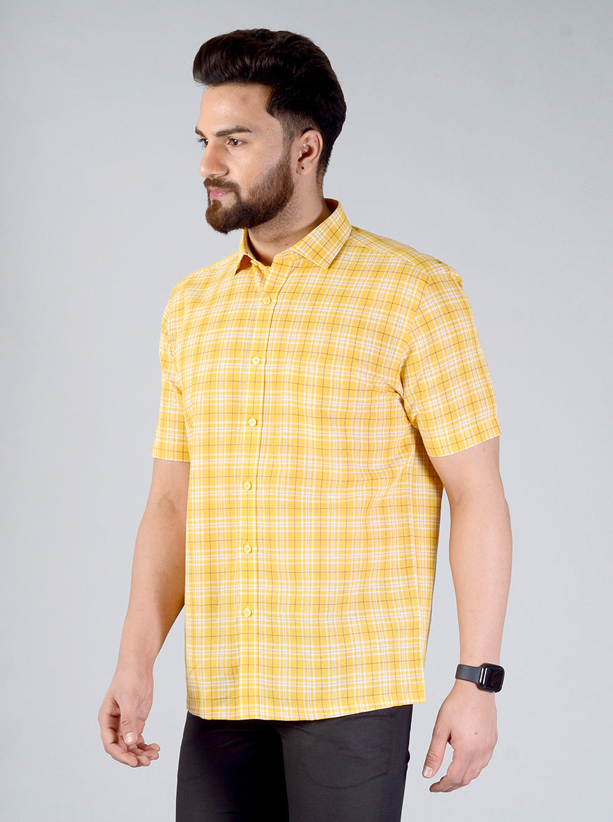 Yellow Checked Regular Fit Formal Shirt | JadeBlue