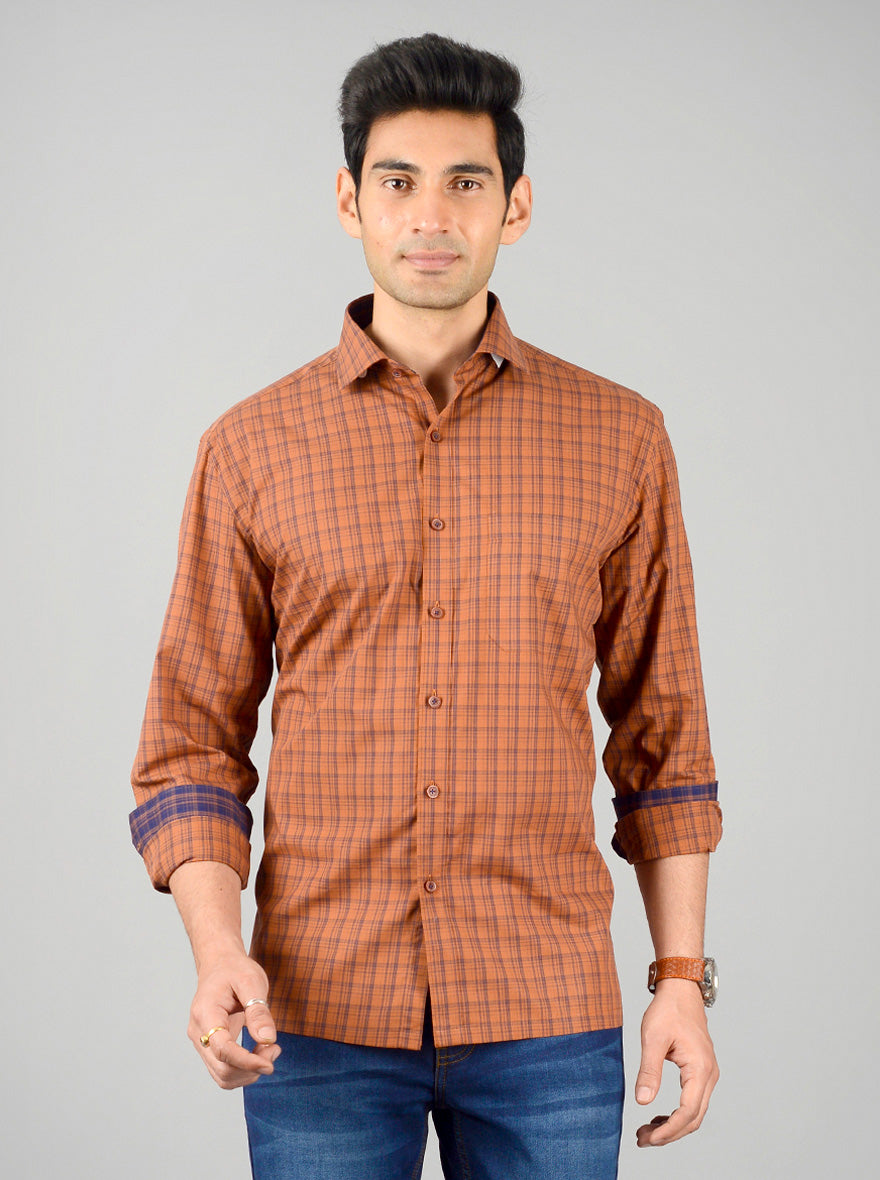 Brown & Blue Checked Regular Fit Formal Shirt | JadeBlue