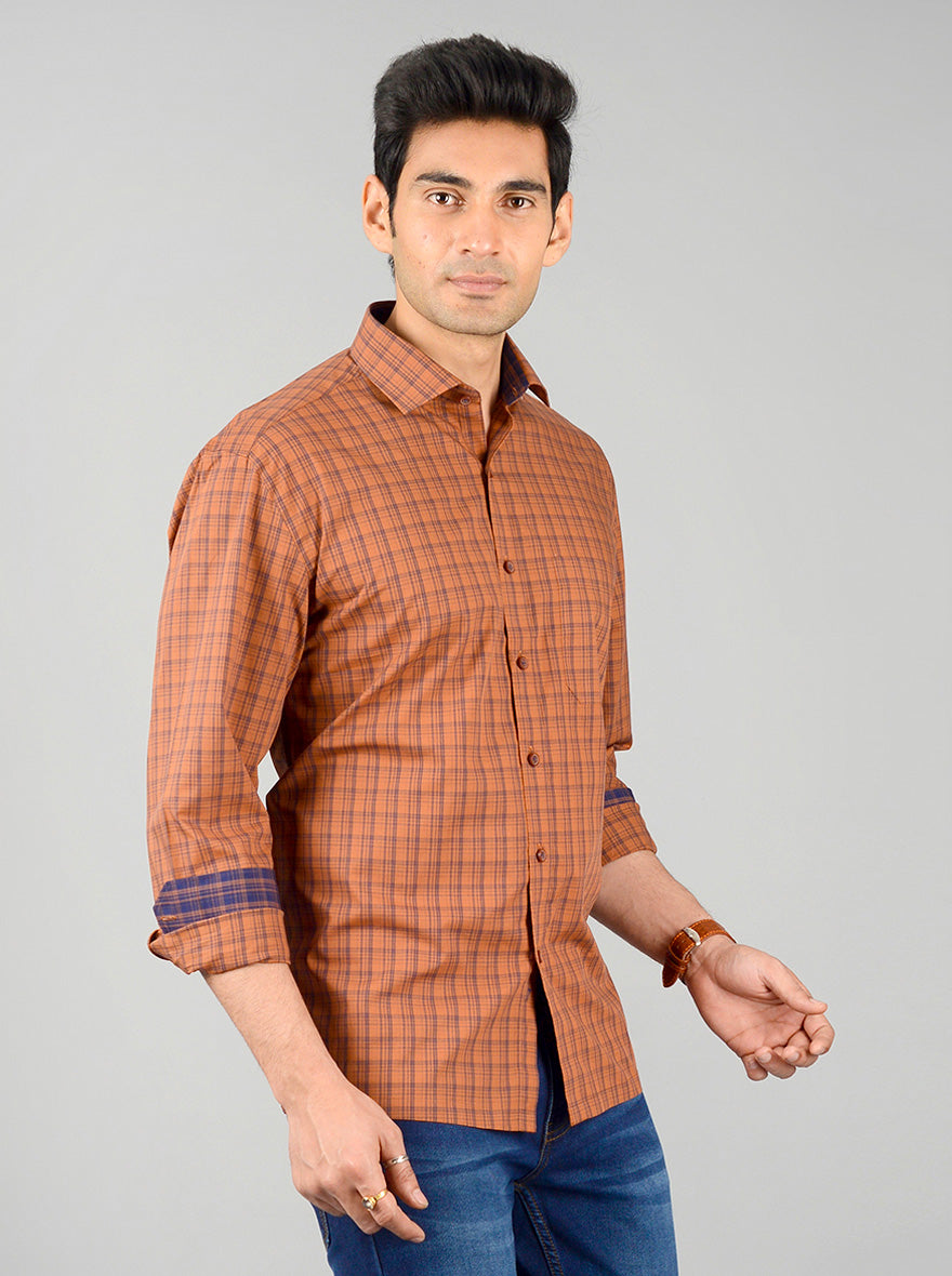 Brown & Blue Checked Regular Fit Formal Shirt | JadeBlue