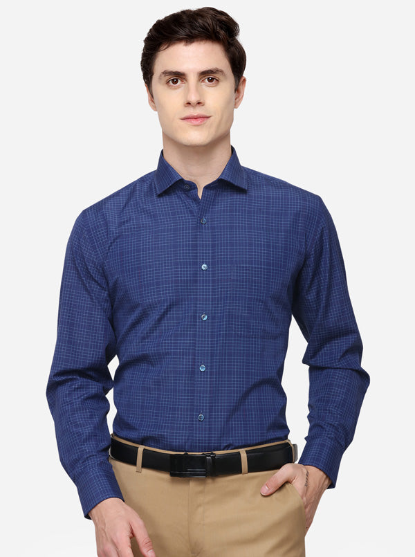 Navy Blue Checked Regular Fit Formal Shirt | Greenfibre