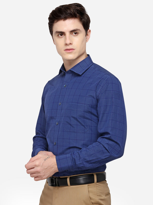 Navy Blue Checked Regular Fit Formal Shirt | Greenfibre