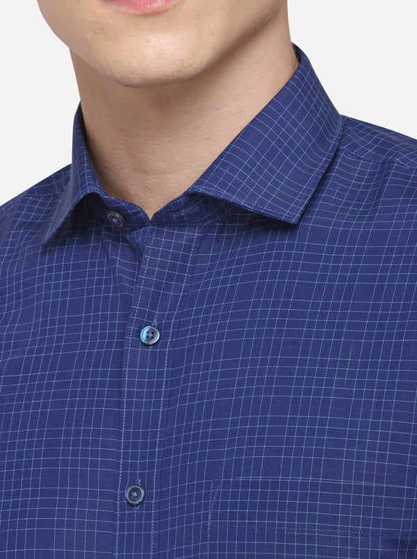 Navy Blue Checked Regular Fit Formal Shirt | Greenfibre