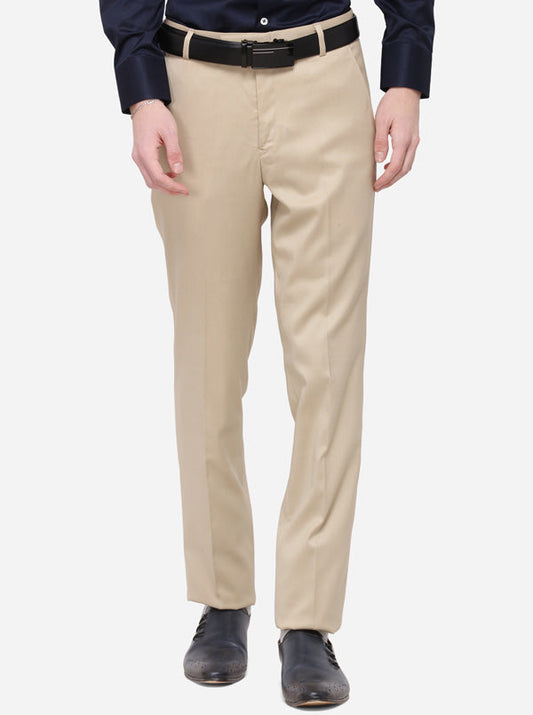 Beige Solid Slim Fit Formal Trouser | Greenfibre