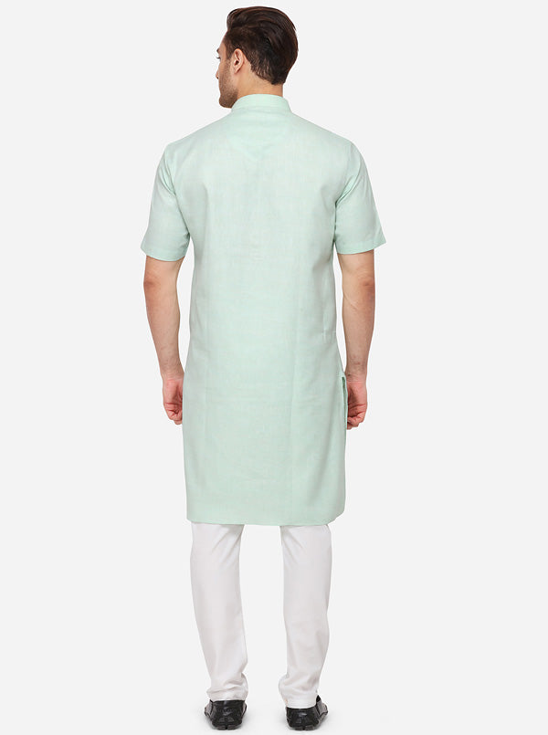 Light Green Self Textured Regular Fit Modi Kurta | JadeBlue