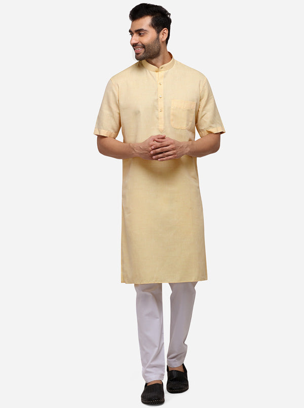Light Yellow Self Textured Regular Fit Modi Kurta | JadeBlue