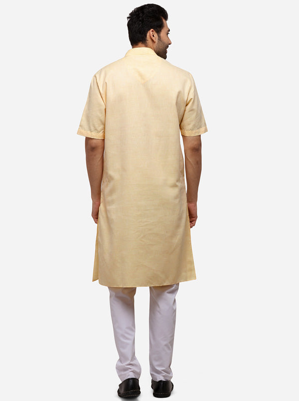 Light Yellow Self Textured Regular Fit Modi Kurta | JadeBlue