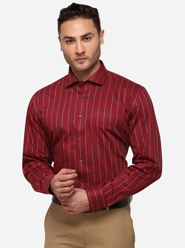 Maroon & Grey Striped Regular Fit Formal Shirt | JadeBlue
