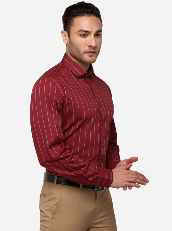 Maroon & Grey Striped Regular Fit Formal Shirt | JadeBlue