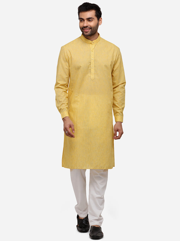 Yellow Striped Regular Fit Modi Kurta | JadeBlue