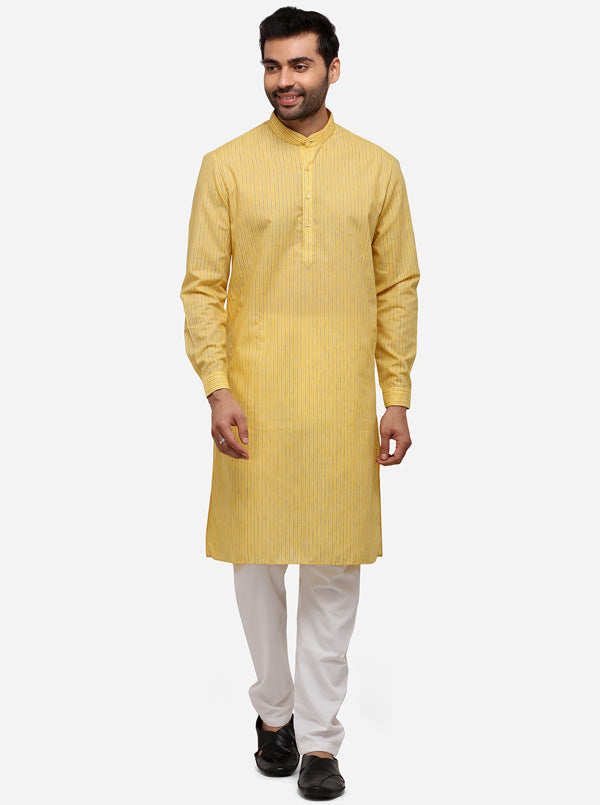 Yellow Striped Regular Fit Modi Kurta | JadeBlue