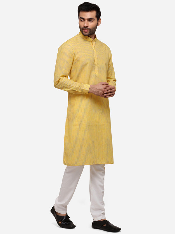 Yellow Striped Regular Fit Modi Kurta | JadeBlue