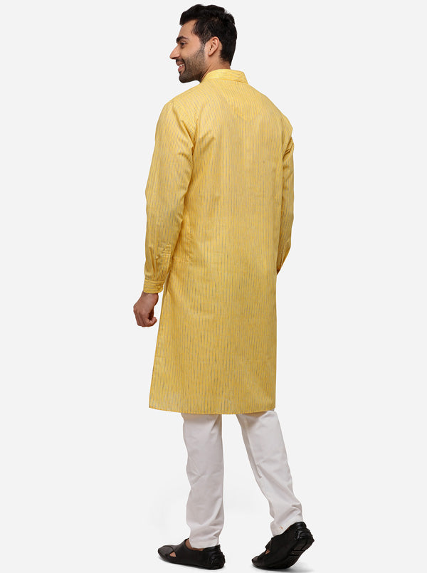 Yellow Striped Regular Fit Modi Kurta | JadeBlue