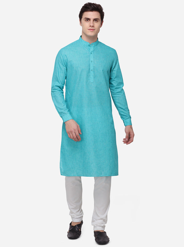 Turquoise Blue Striped Regular Fit Modi Kurta | JadeBlue