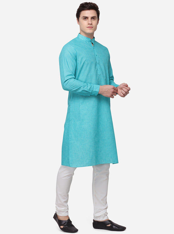 Turquoise Blue Striped Regular Fit Modi Kurta | JadeBlue