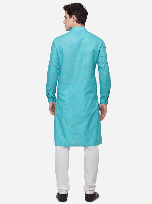 Turquoise Blue Striped Regular Fit Modi Kurta | JadeBlue