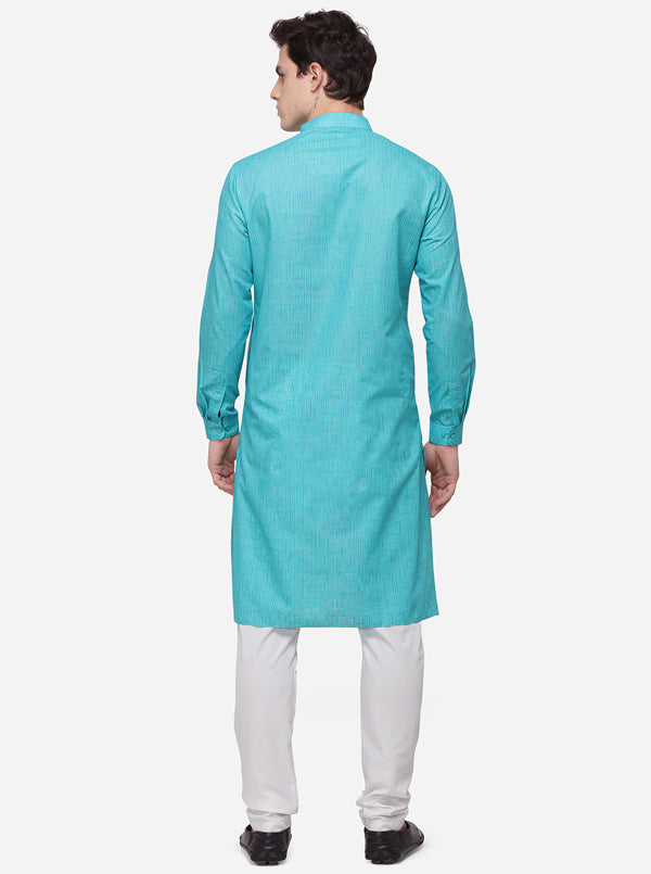 Turquoise Blue Striped Regular Fit Modi Kurta | JadeBlue