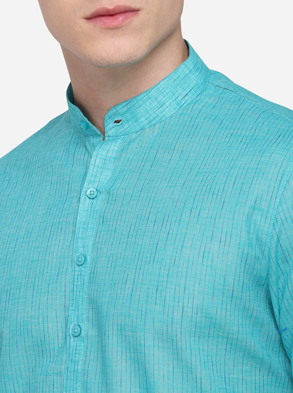 Turquoise Blue Striped Regular Fit Modi Kurta | JadeBlue