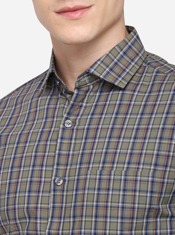 Olive & Blue Checked Slim Fit Formal Shirt | JadeBlue