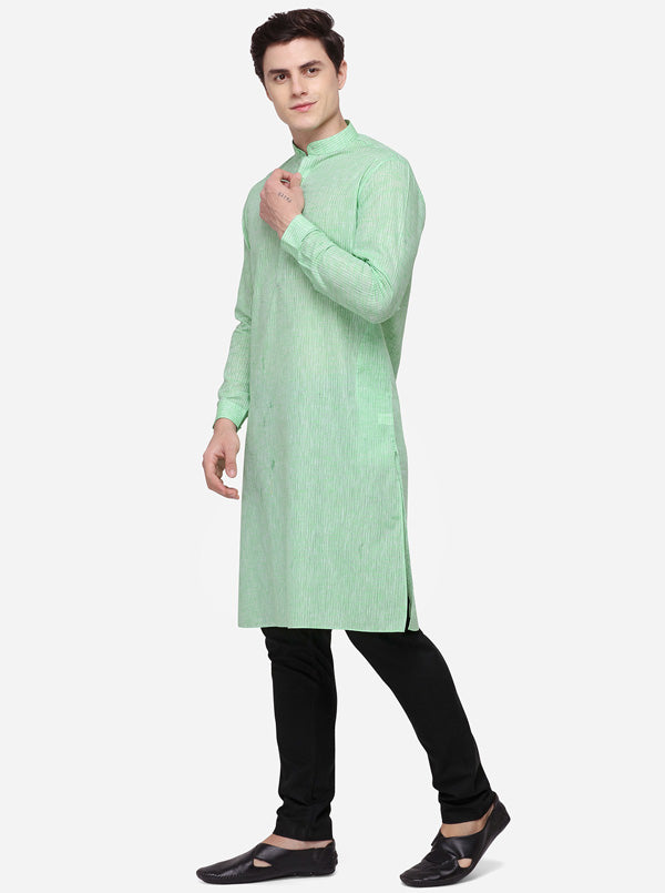 Bottle Green Striped Regular Fit Modi Kurta | JadeBlue