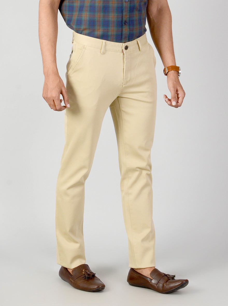 Light Beige Self Textured Slim Fit Casual Trouser | JB Sport