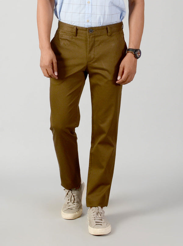 Olive Brown Self Textured Slim Fit Casual Trouser | JB Sport