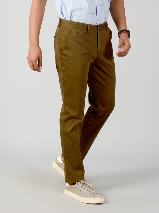 Olive Brown Self Textured Slim Fit Casual Trouser | JB Sport