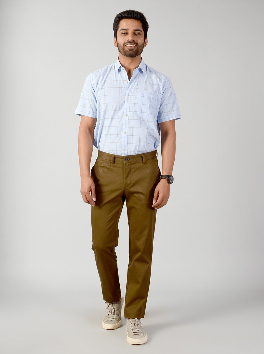 Olive Brown Self Textured Slim Fit Casual Trouser | JB Sport