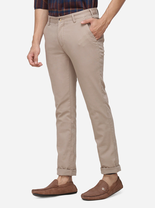 Khaki Solid Super Slim Fit Casual Trouser | Greenfibre